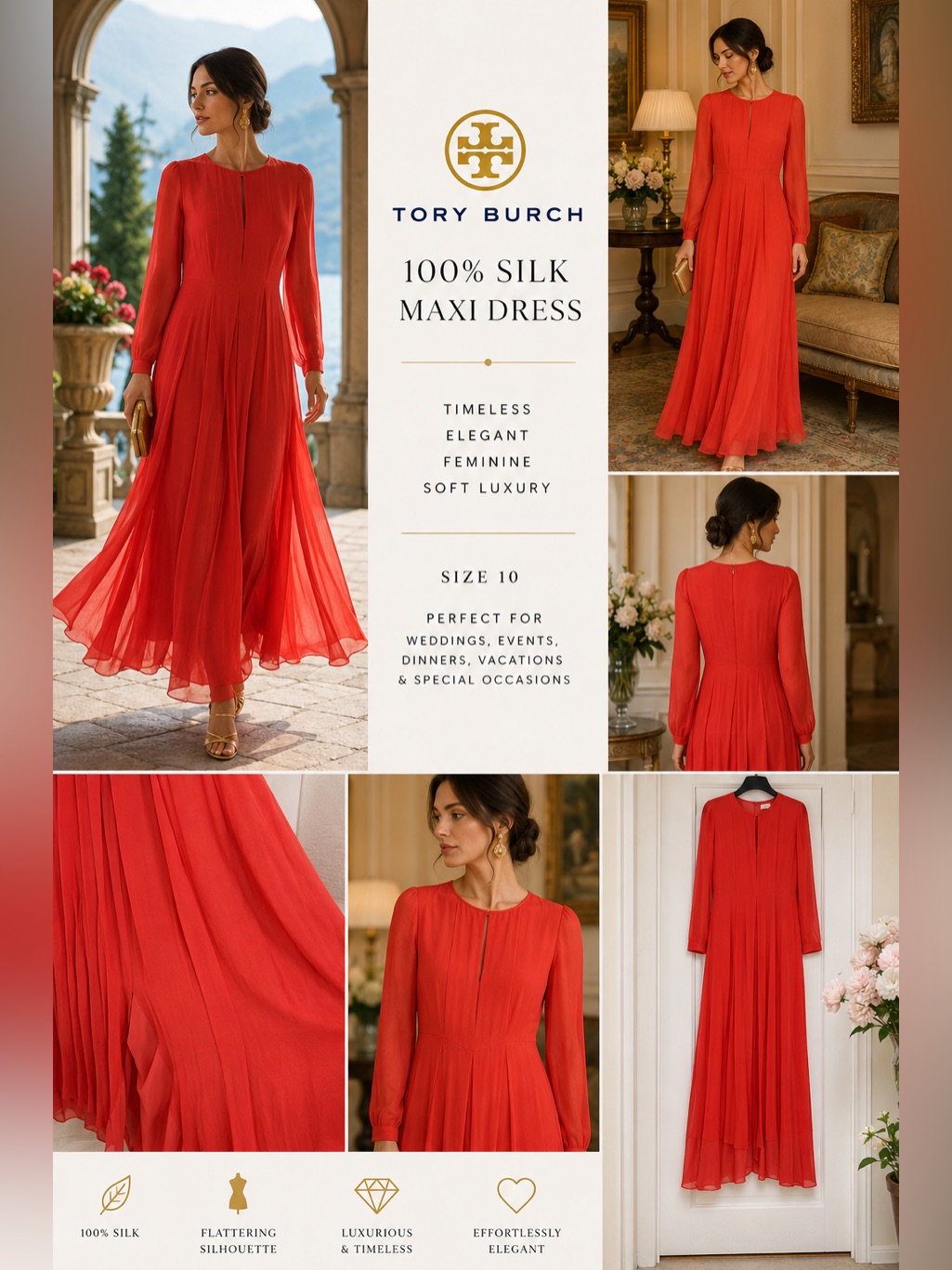 Beautiful Tory Burch 100% Silk Maxi Dress Size 10